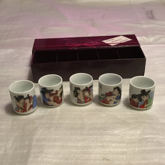 Set of 5 Korean Folklore Pictures Sake Cups, Shot Glasses or ceramic tea cups - Picture 2 of 5